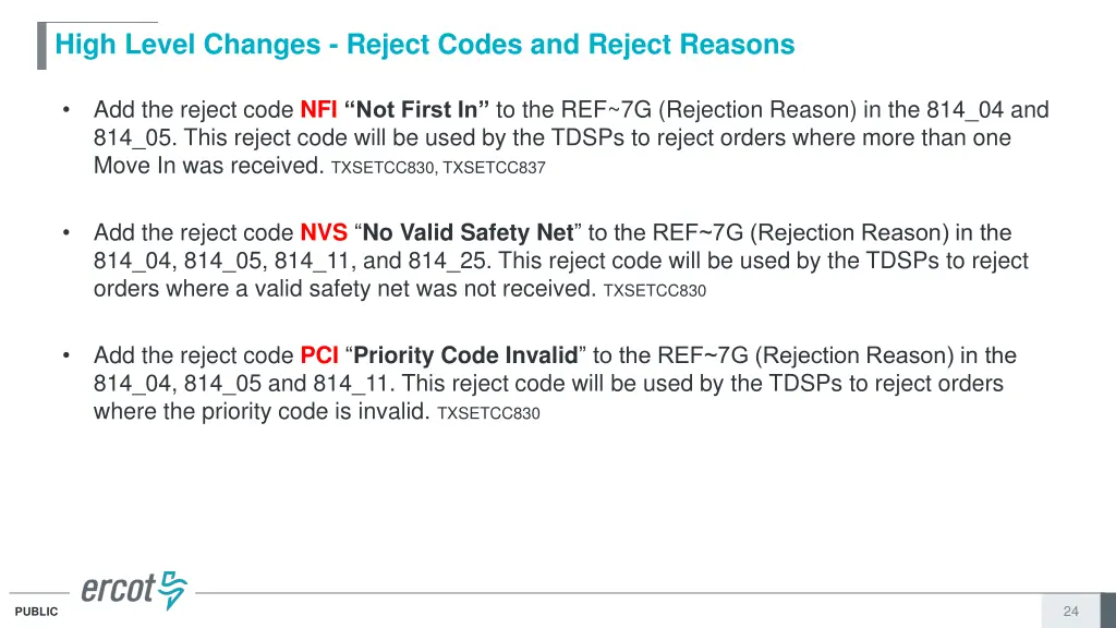 high level changes reject codes and reject reasons 2
