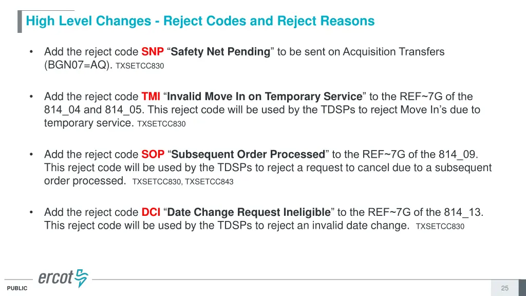 high level changes reject codes and reject reasons 3