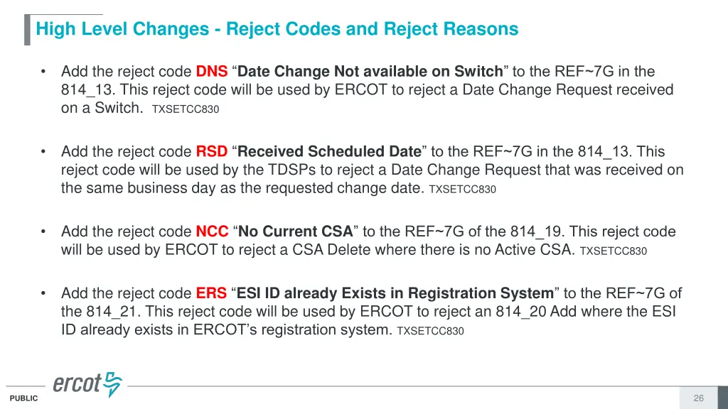 high level changes reject codes and reject reasons 4