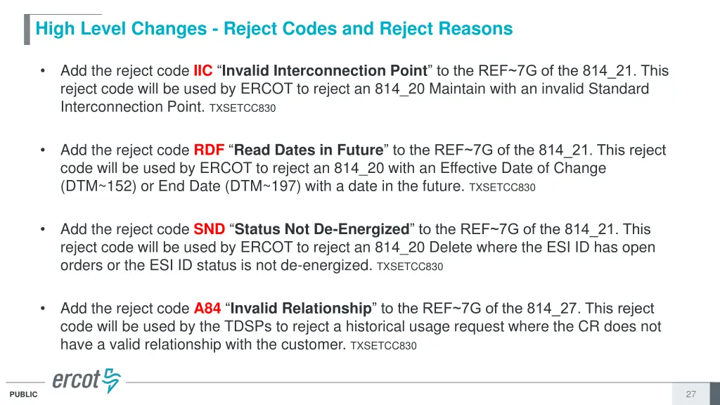 high level changes reject codes and reject reasons 5