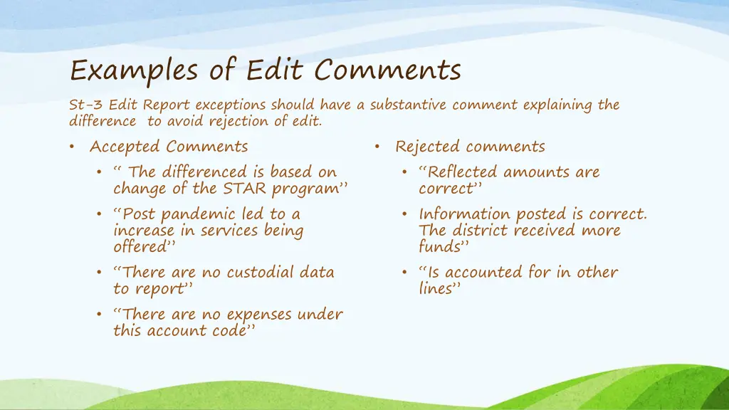 examples of edit comments st 3 edit report