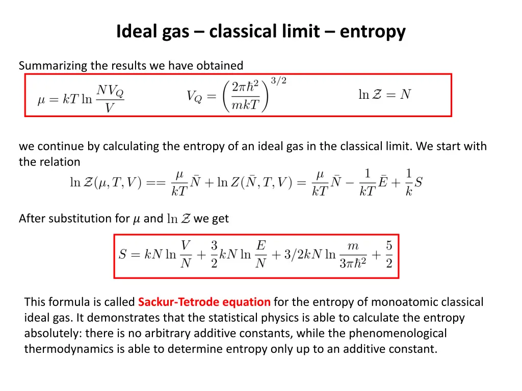 ideal gas classical limit entropy
