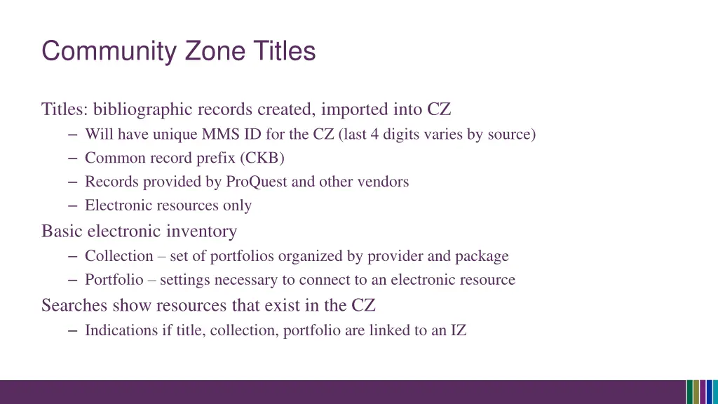 community zone titles