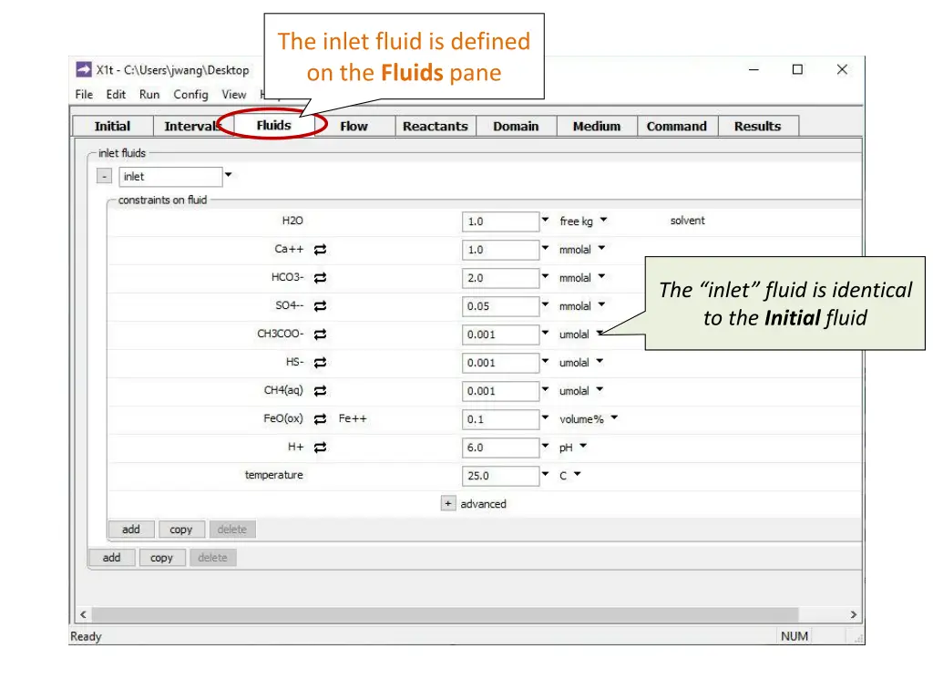 the inlet fluid is defined on the fluids pane