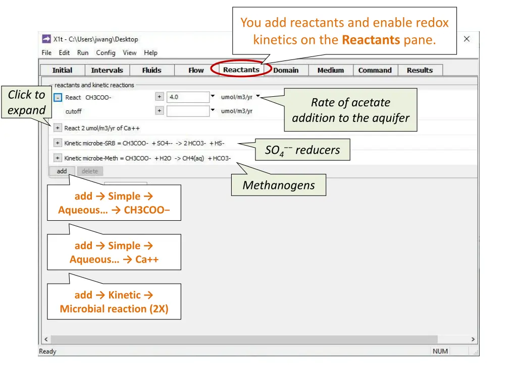 you add reactants and enable redox kinetics