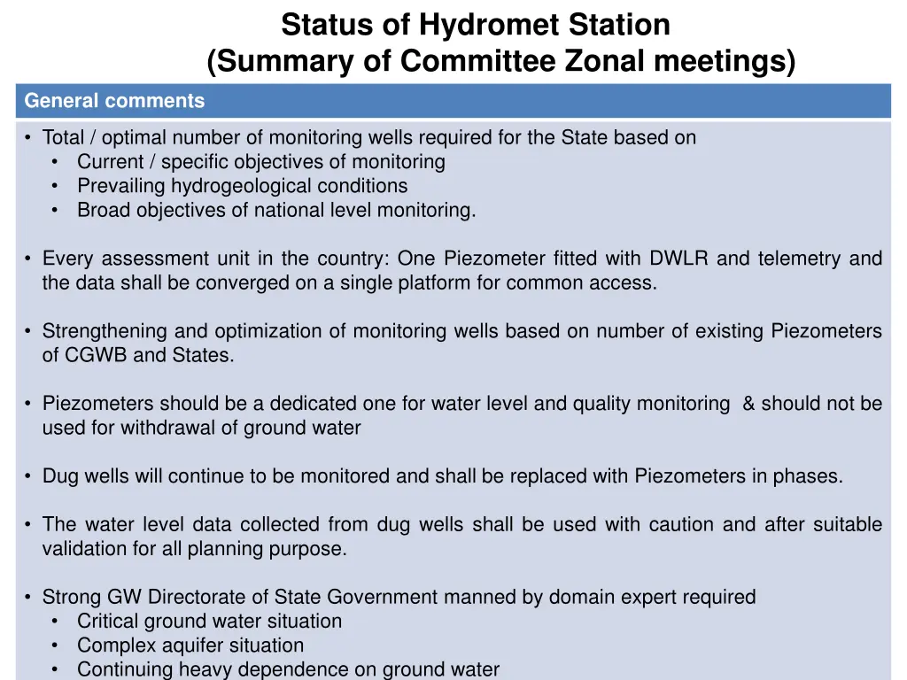 status of hydromet station summary of committee