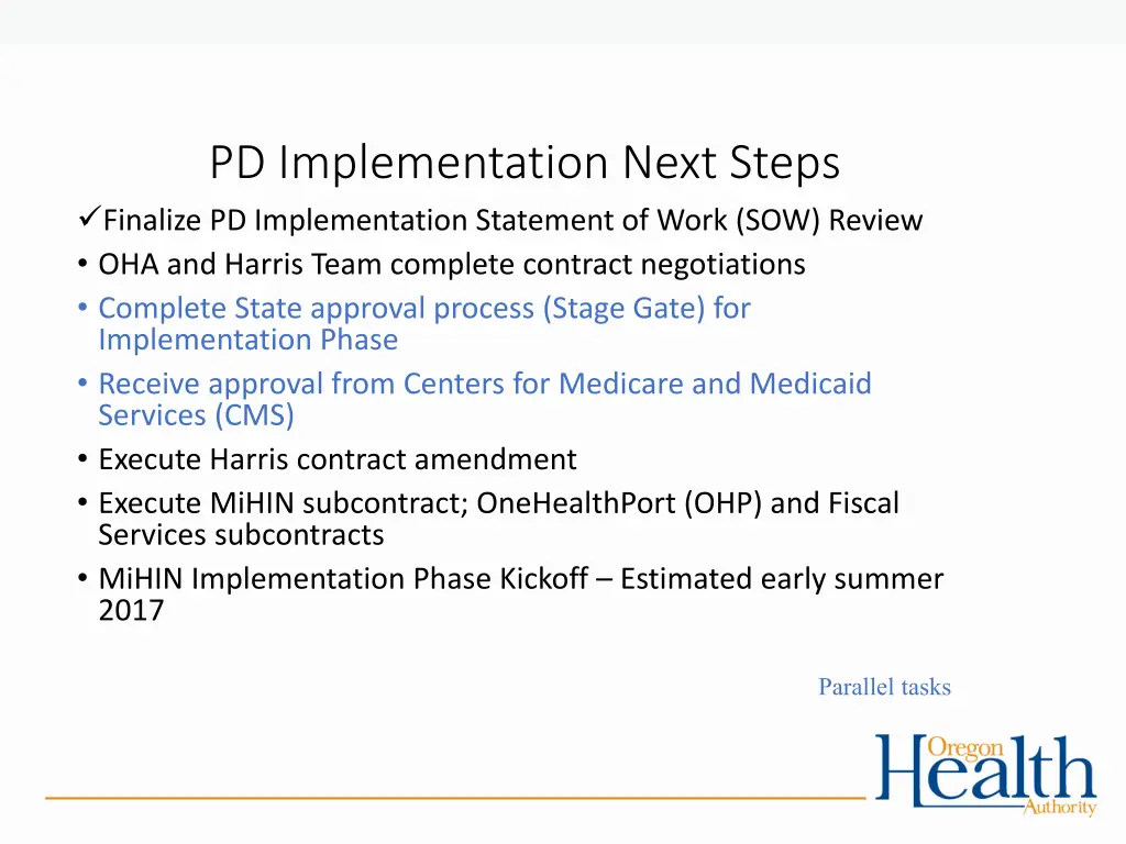 pd implementation next steps finalize