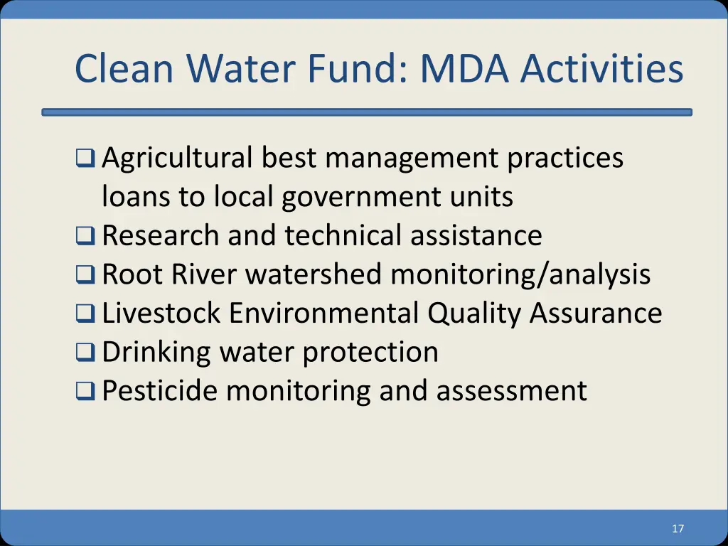 clean water fund mda activities