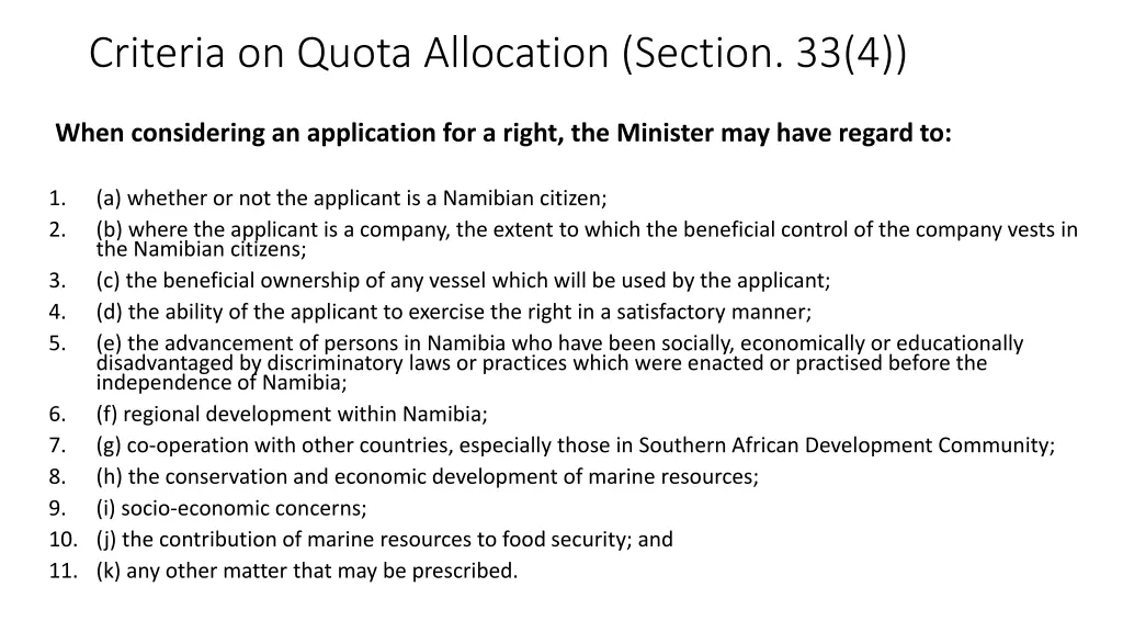 criteria on quota allocation section 33 4
