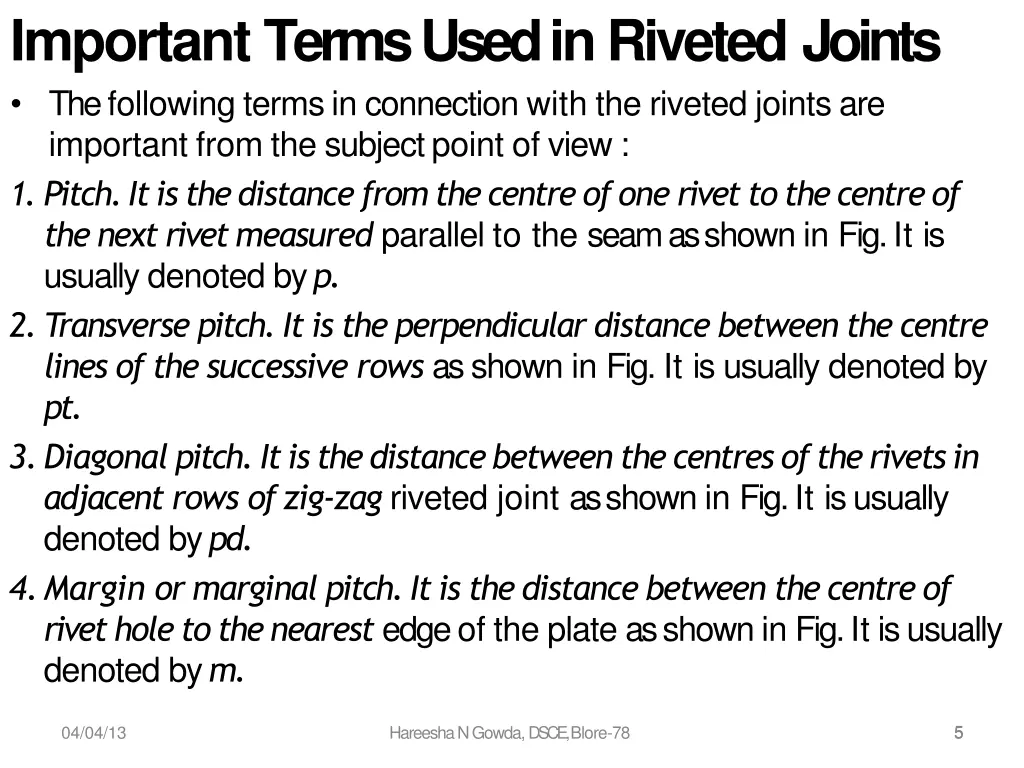 important terms used in riveted joints