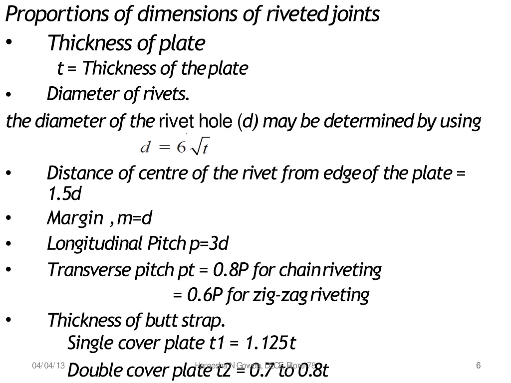 proportions of dimensions of rivetedjoints