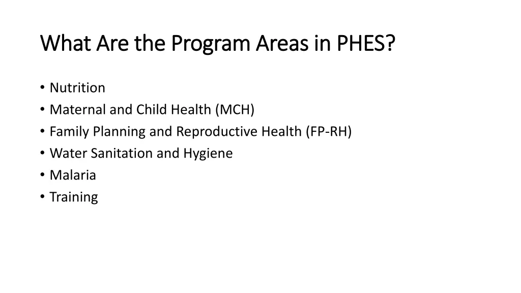 what are the program areas in phes what