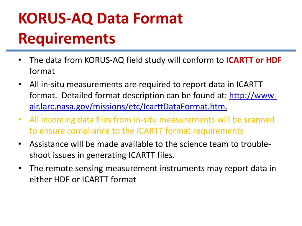korus aq data format requirements