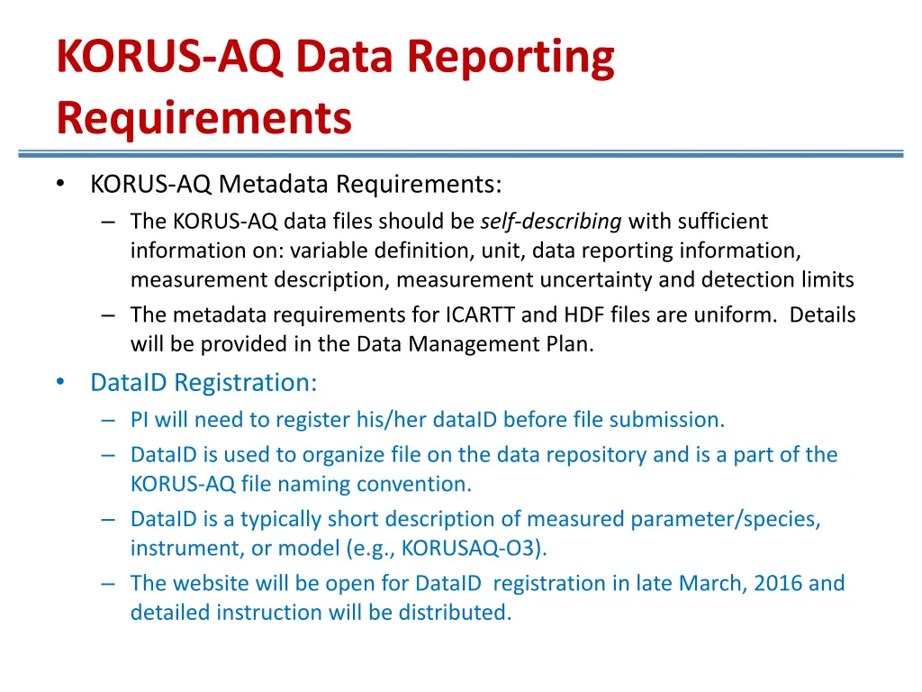 korus aq data reporting requirements