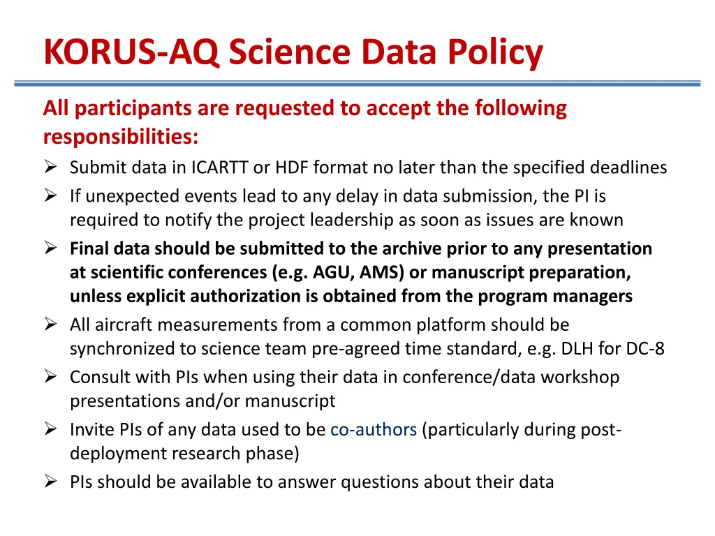korus aq science data policy