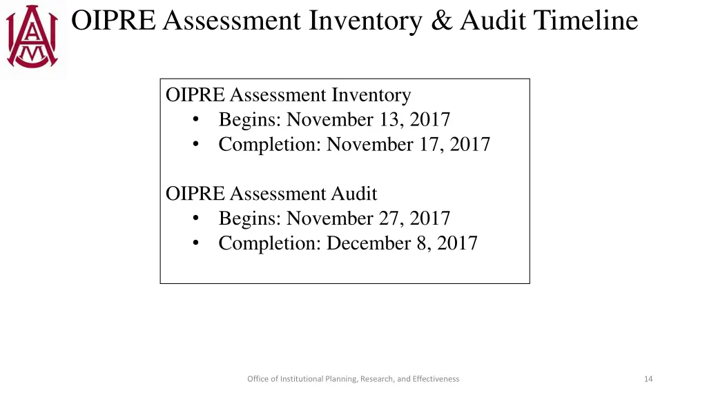 oipre assessment inventory audit timeline