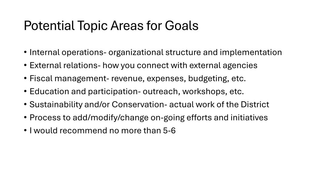 potential topic areas for goals
