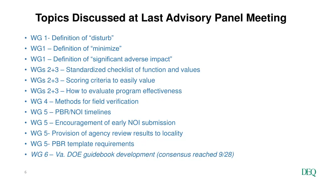 topics discussed at last advisory panel meeting