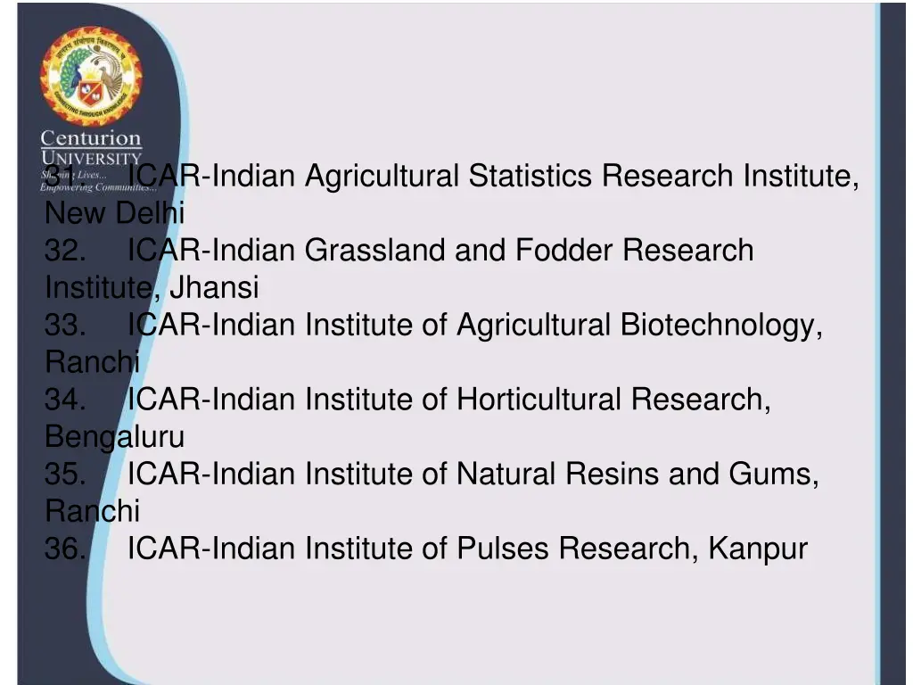 31 new delhi 32 institute jhansi 33 icar indian