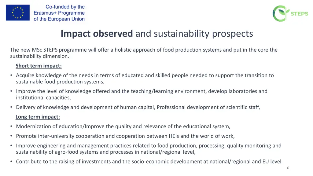 impact observed and sustainability prospects