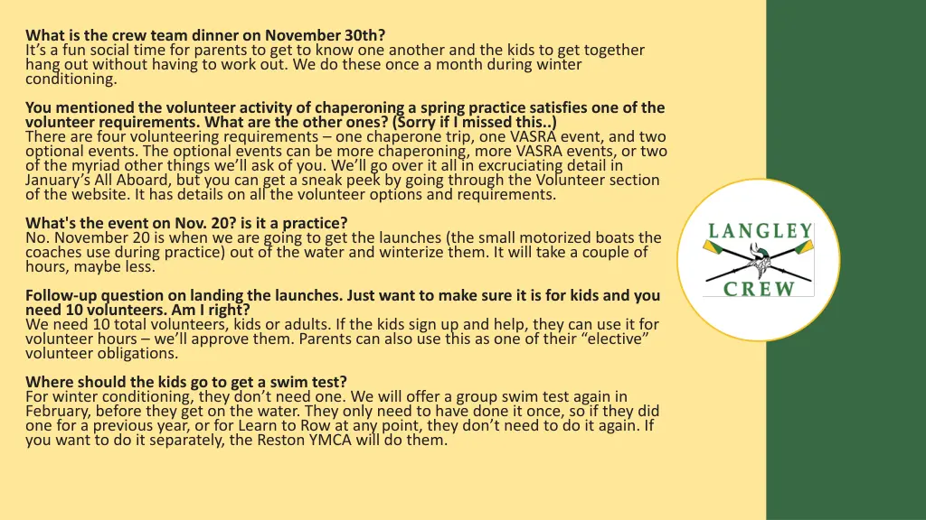 what is the crew team dinner on november 30th