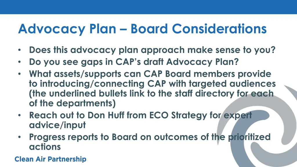 advocacy plan board considerations