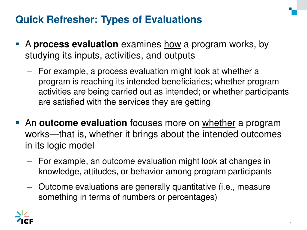 quick refresher types of evaluations