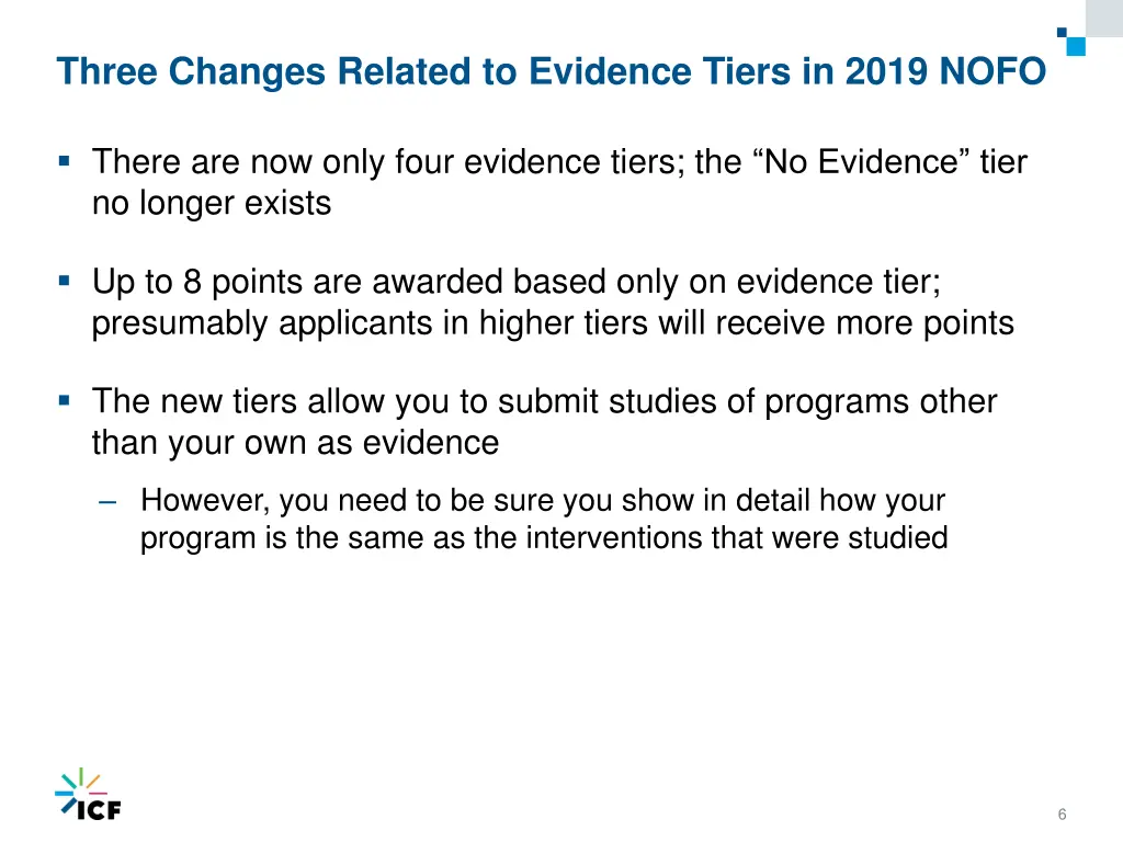 three changes related to evidence tiers in 2019