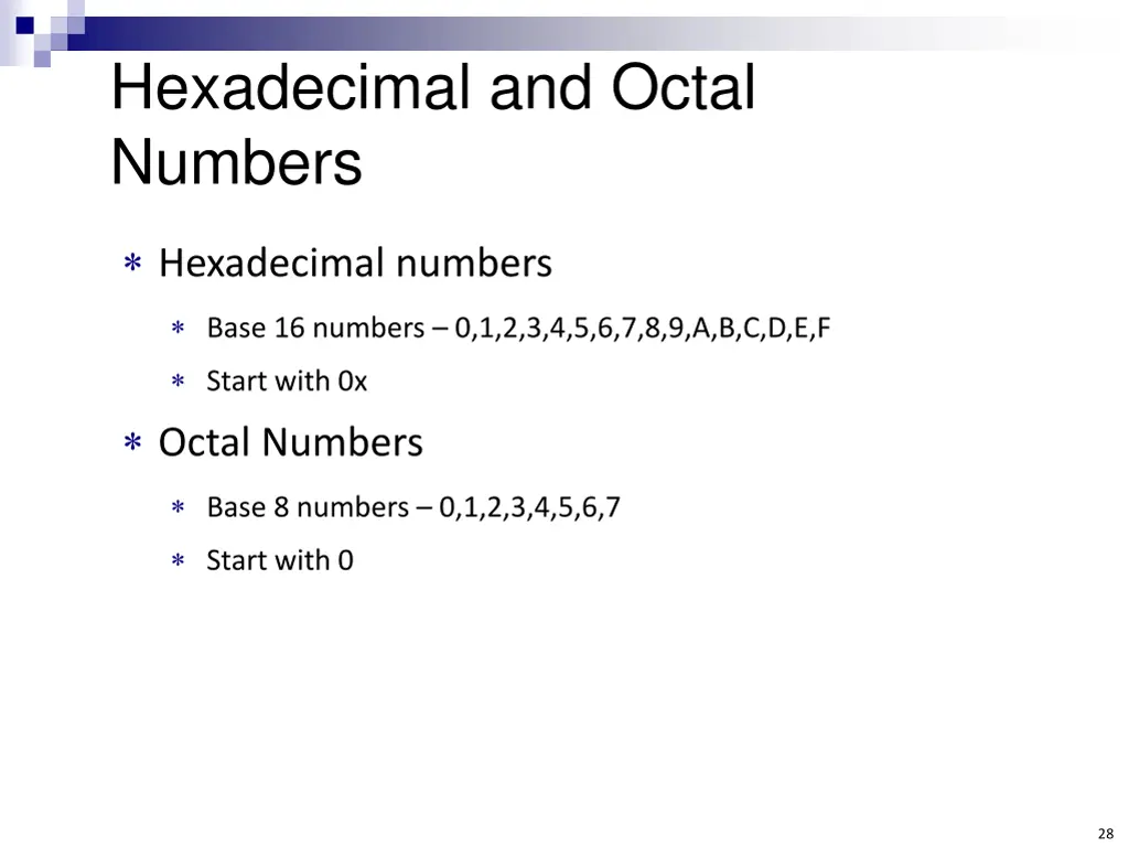 hexadecimal and octal numbers