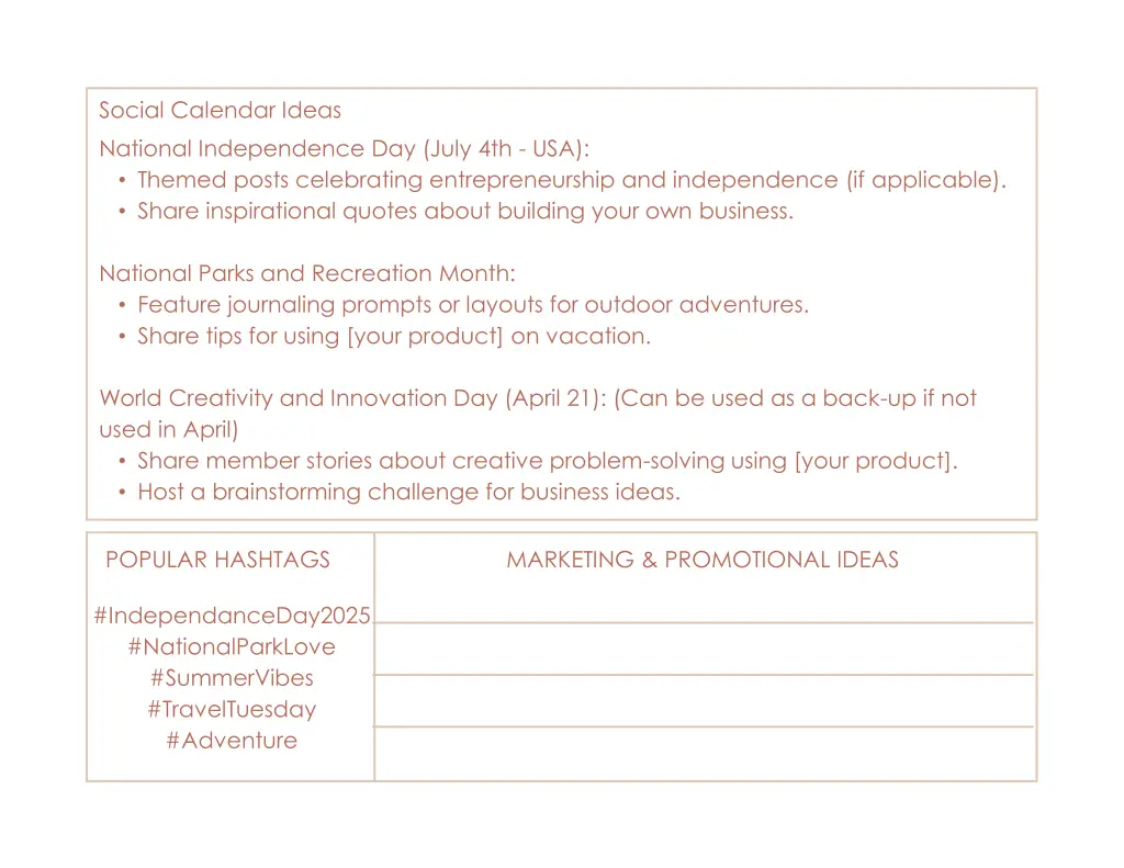 social calendar ideas national independence
