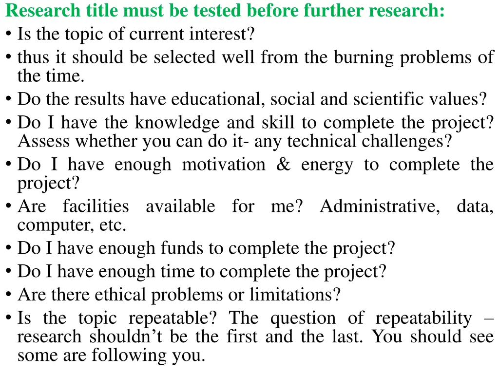 research title must be tested before further