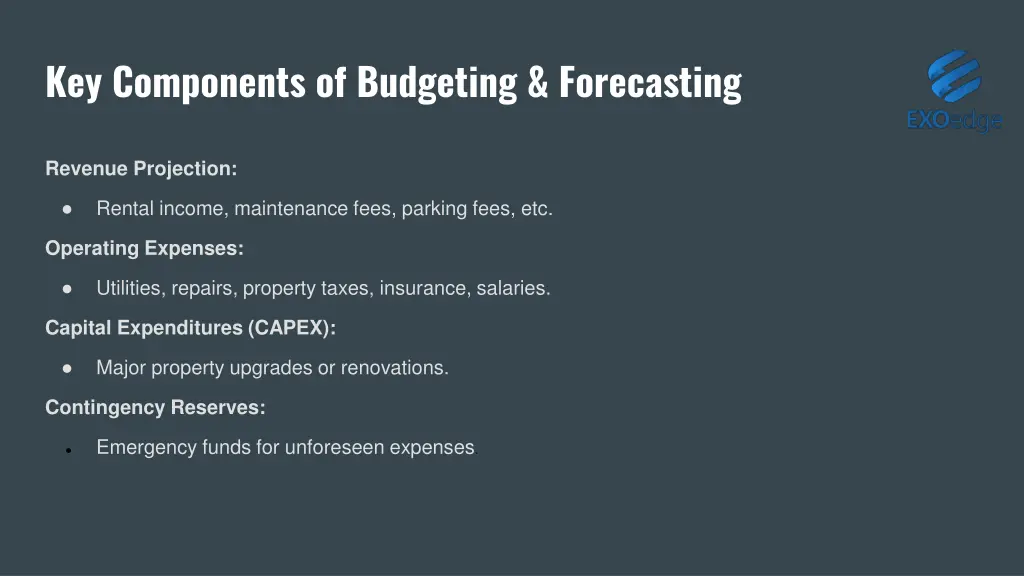 key components of budgeting forecasting