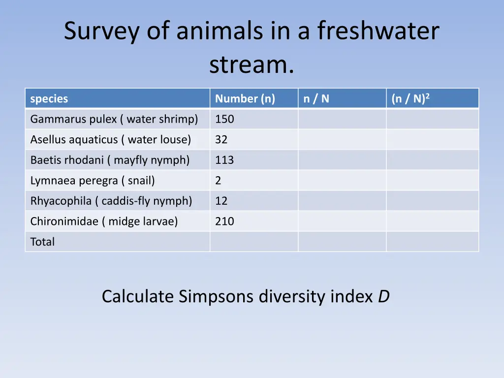 survey of animals in a freshwater stream