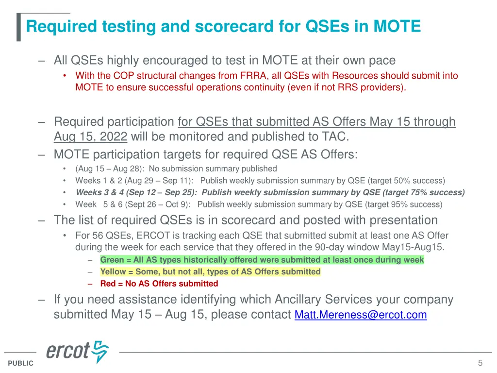 required testing and scorecard for qses in mote