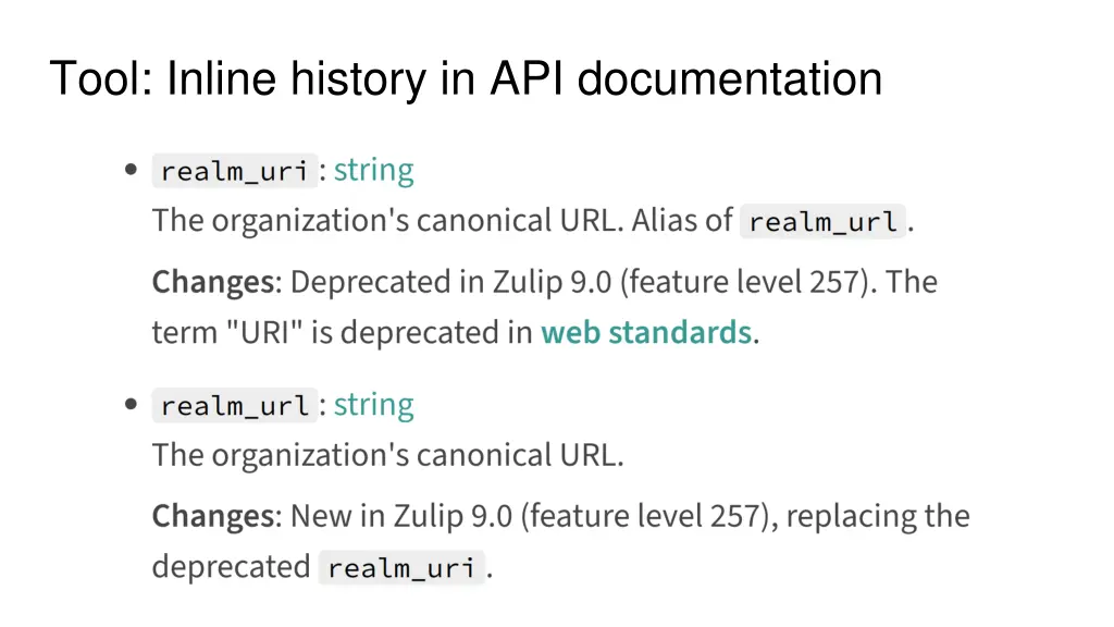 tool inline history in api documentation