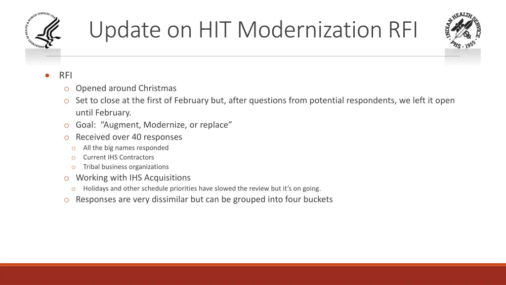 update on hit modernization rfi