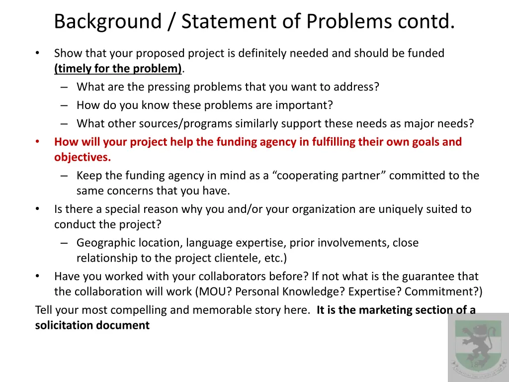 background statement of problems contd
