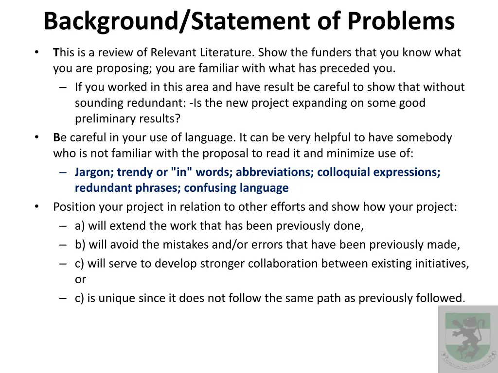 background statement of problems