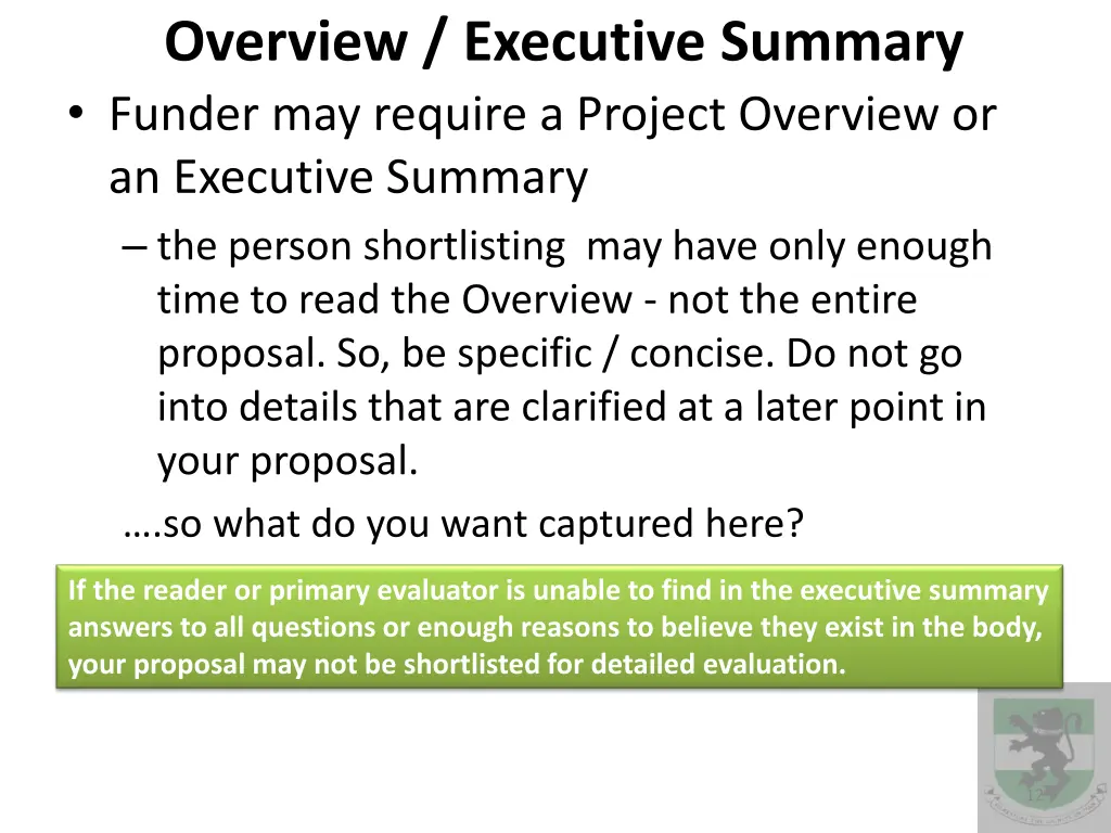 overview executive summary funder may require