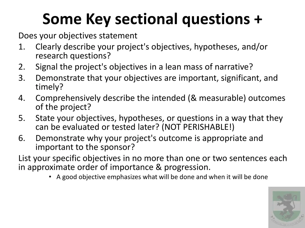 some key sectional questions does your objectives