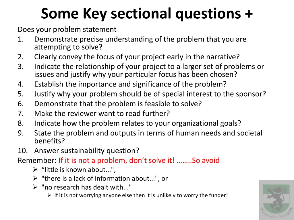 some key sectional questions does your problem