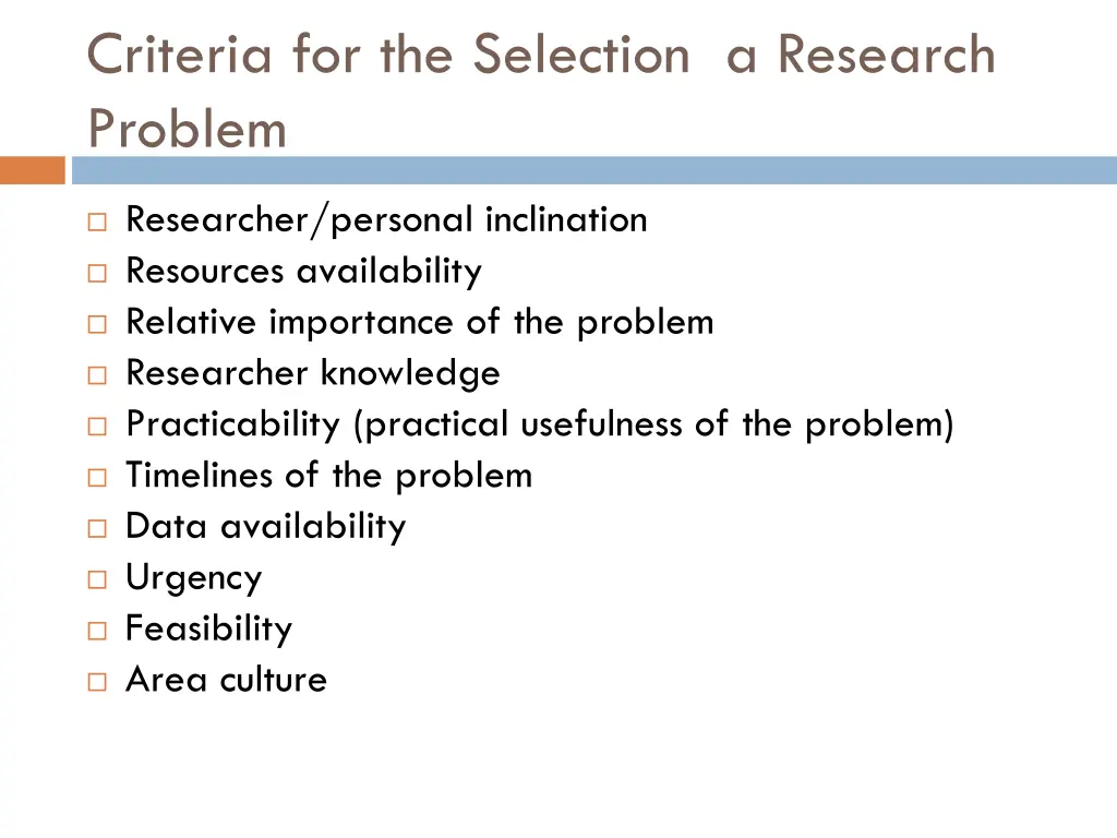 criteria for the selection a research problem