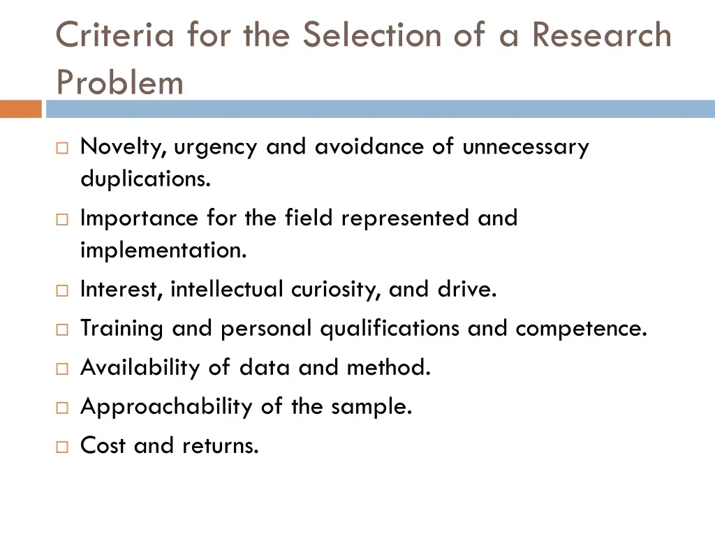 criteria for the selection of a research problem