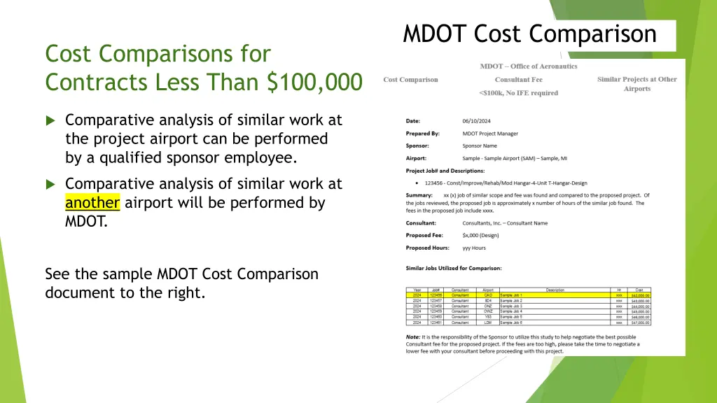 mdot cost comparison