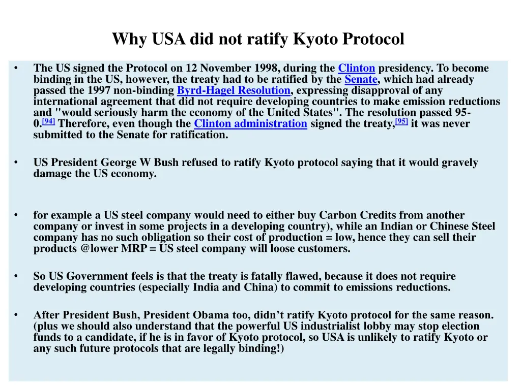 why usa did not ratify kyoto protocol
