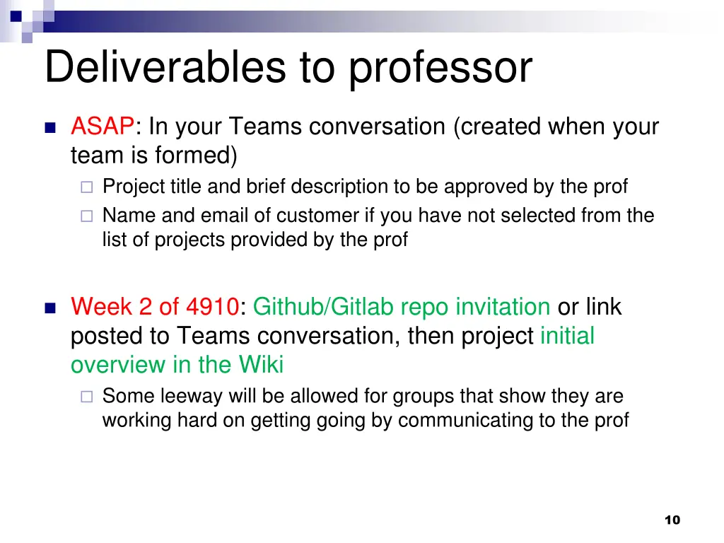 deliverables to professor