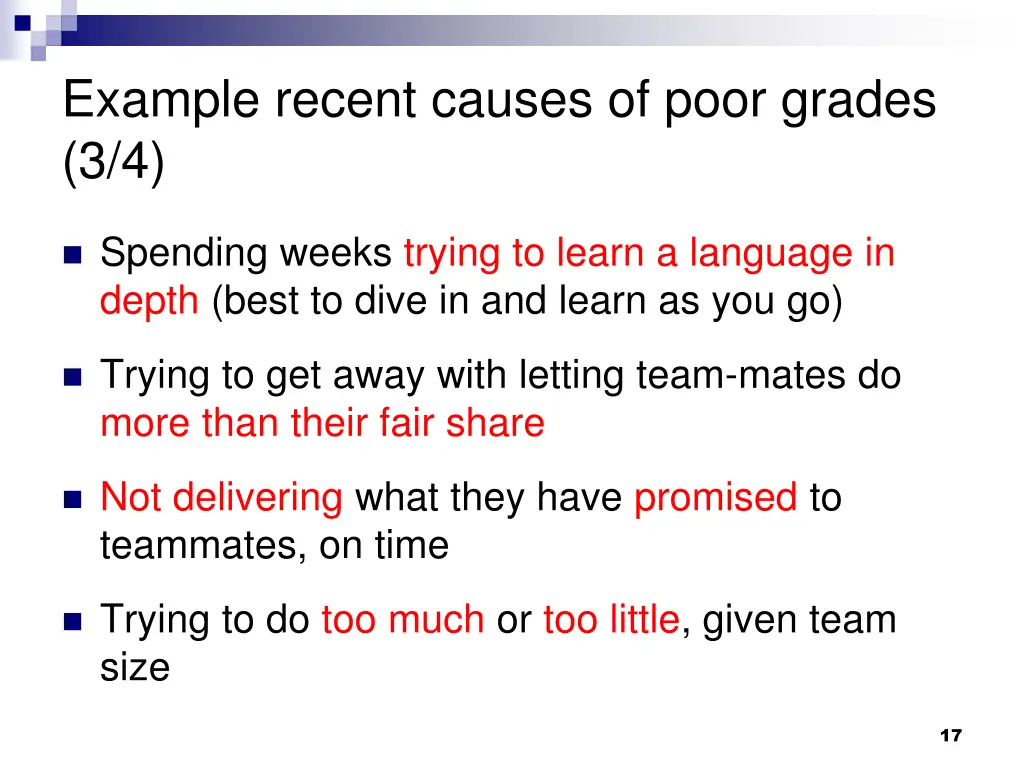 example recent causes of poor grades 3 4