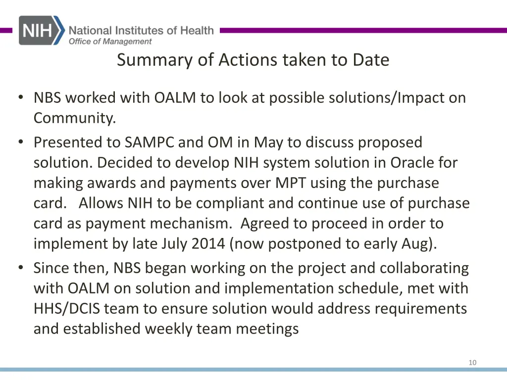 summary of actions taken to date