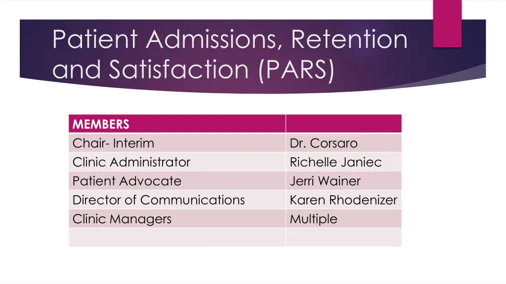 patient admissions retention and satisfaction pars 1