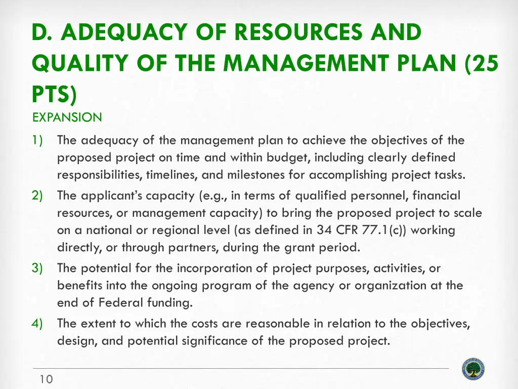 d adequacy of resources and quality